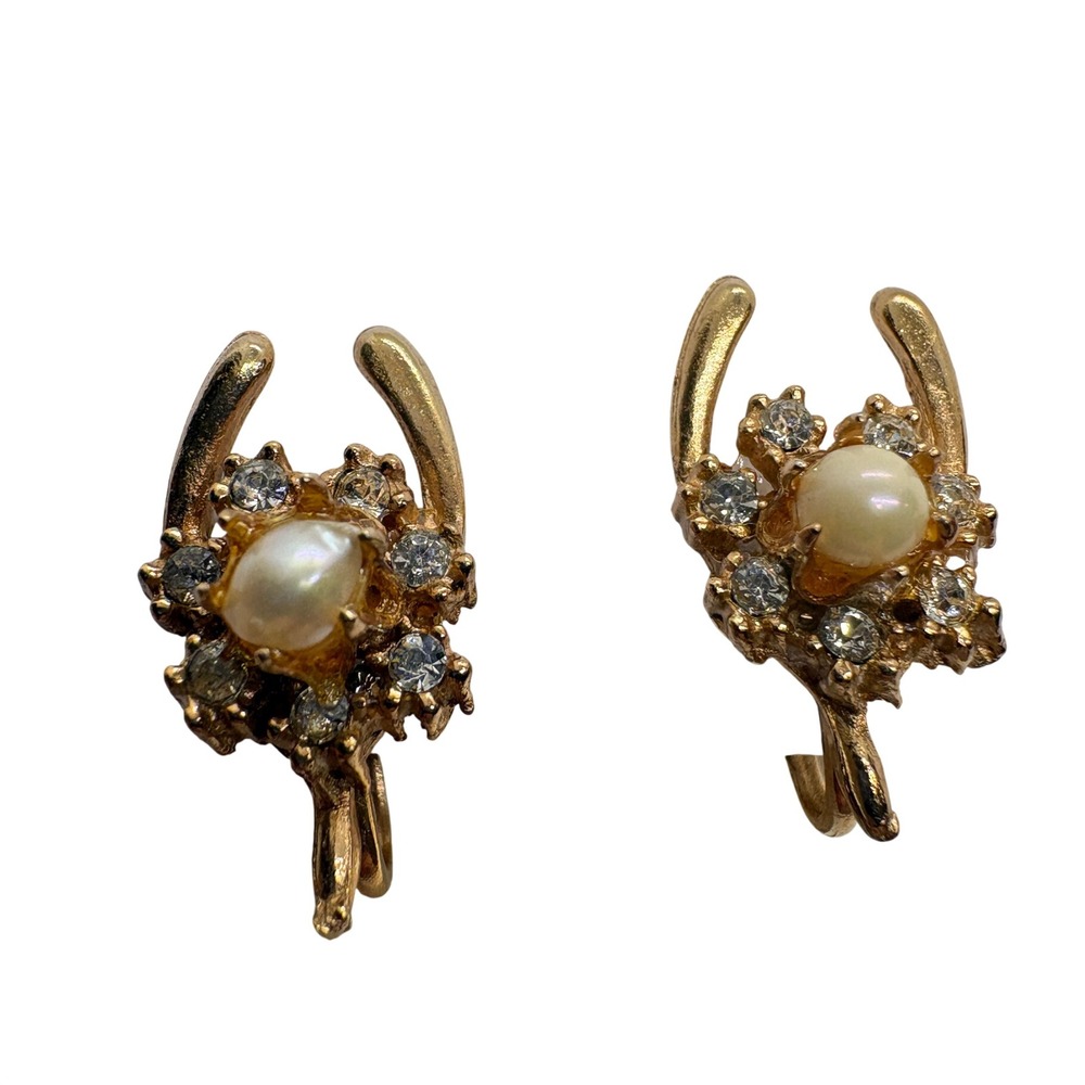 Vintage Gold Tone Faux Pearl Rhinestone Screw Back Earrings Mid Century Retro